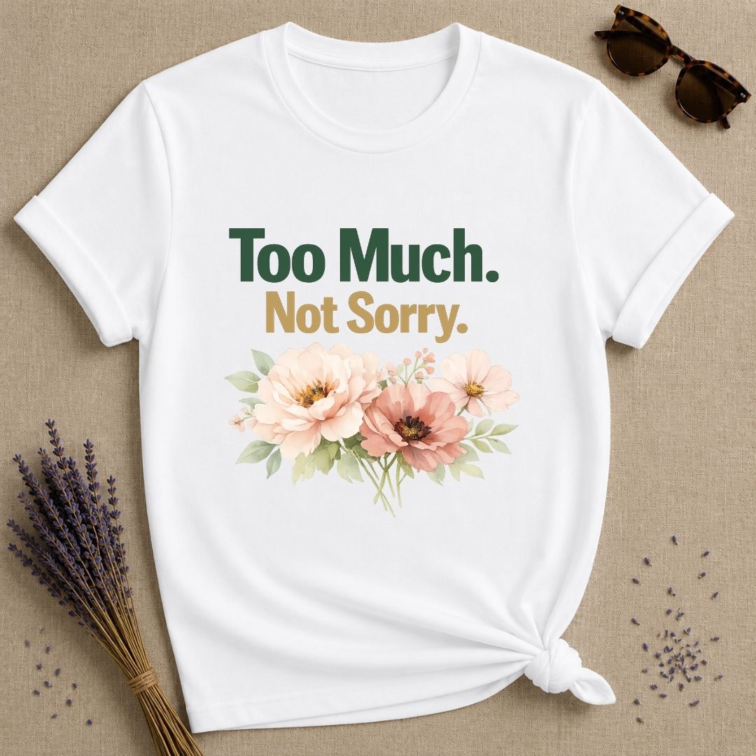 Too Much Not Sorry — Watercolor Peony Floral Attitude T-Shirt for Women in White