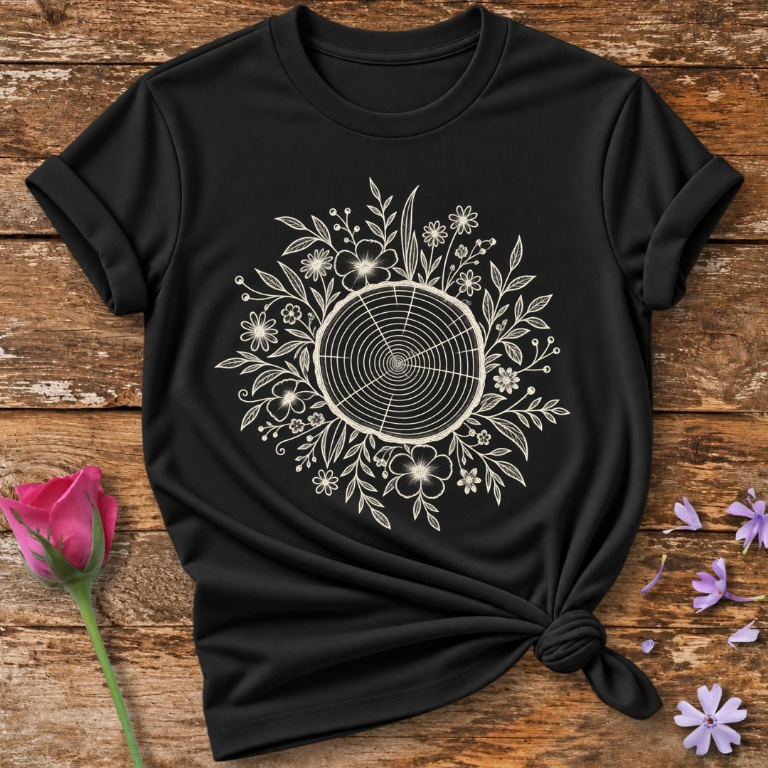 Tree of Life — White Ink Botanical Wreath T-Shirt for Women in Black