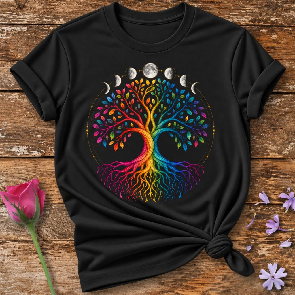 Tree of Life — Rainbow Gradient Line Art T-Shirt for Women in Black