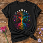 Tree of Life — Rainbow Gradient Line Art T-Shirt for Women in Black