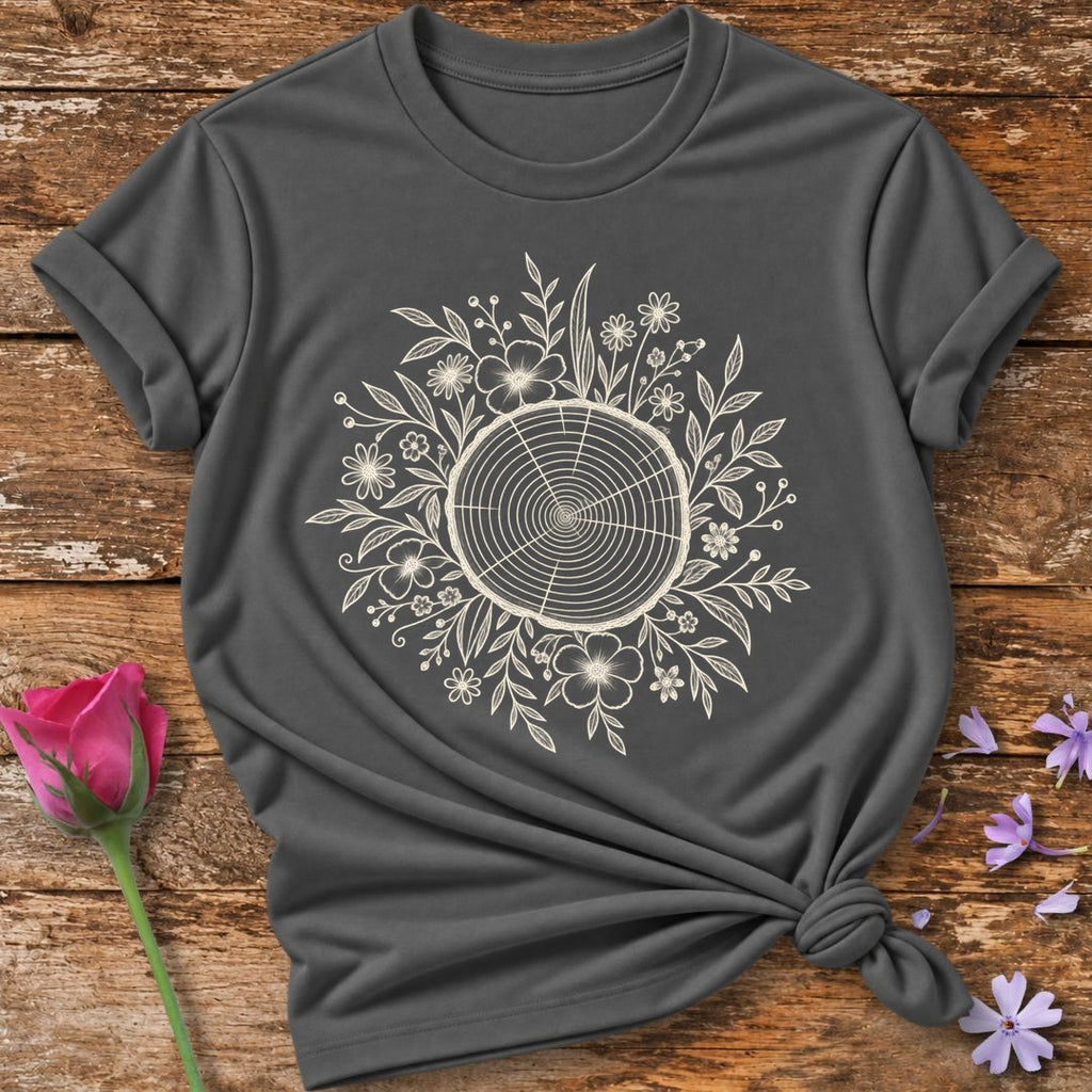Tree of Life — White Ink Botanical Wreath T-Shirt for Women in Charcoal