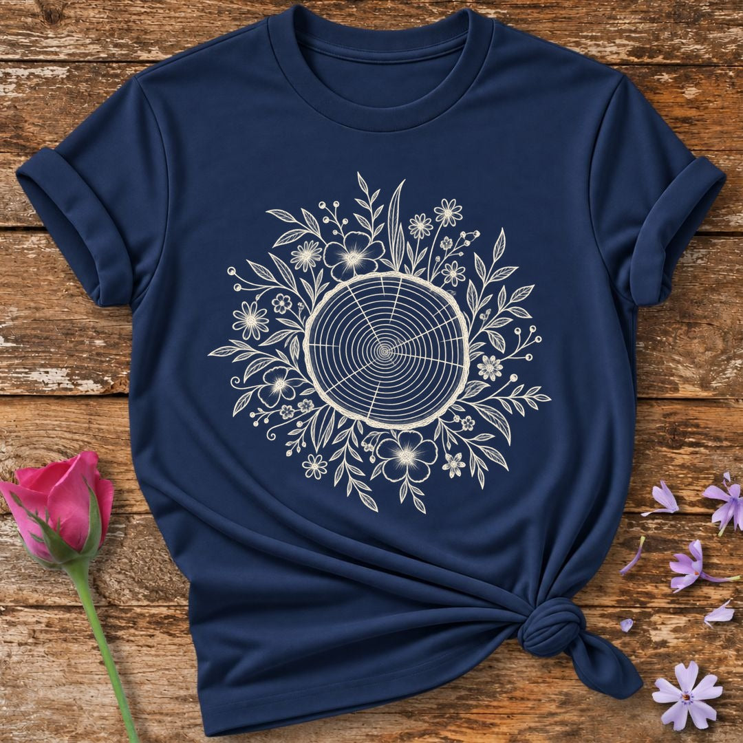 Tree of Life — White Ink Botanical Wreath T-Shirt for Women in Navy