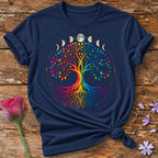 Tree of Life — Rainbow Gradient Line Art T-Shirt for Women in Navy
