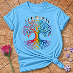 Tree of Life — Rainbow Gradient Line Art T-Shirt for Women in Sky