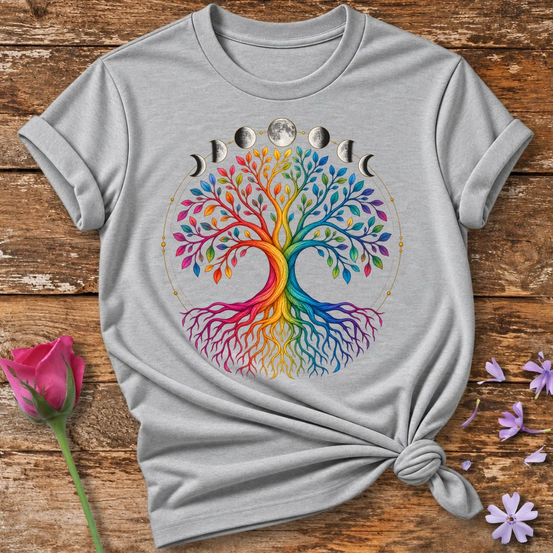 Tree of Life — Rainbow Gradient Line Art T-Shirt for Women in Sport Grey