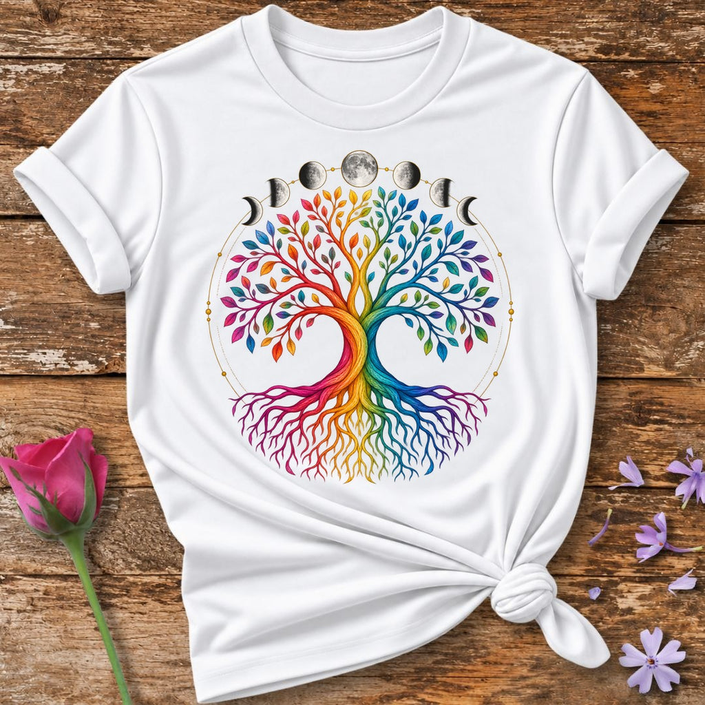 Tree of Life — Rainbow Gradient Line Art T-Shirt for Women in White
