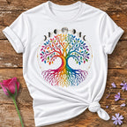 Tree of Life — Rainbow Gradient Line Art T-Shirt for Women in White