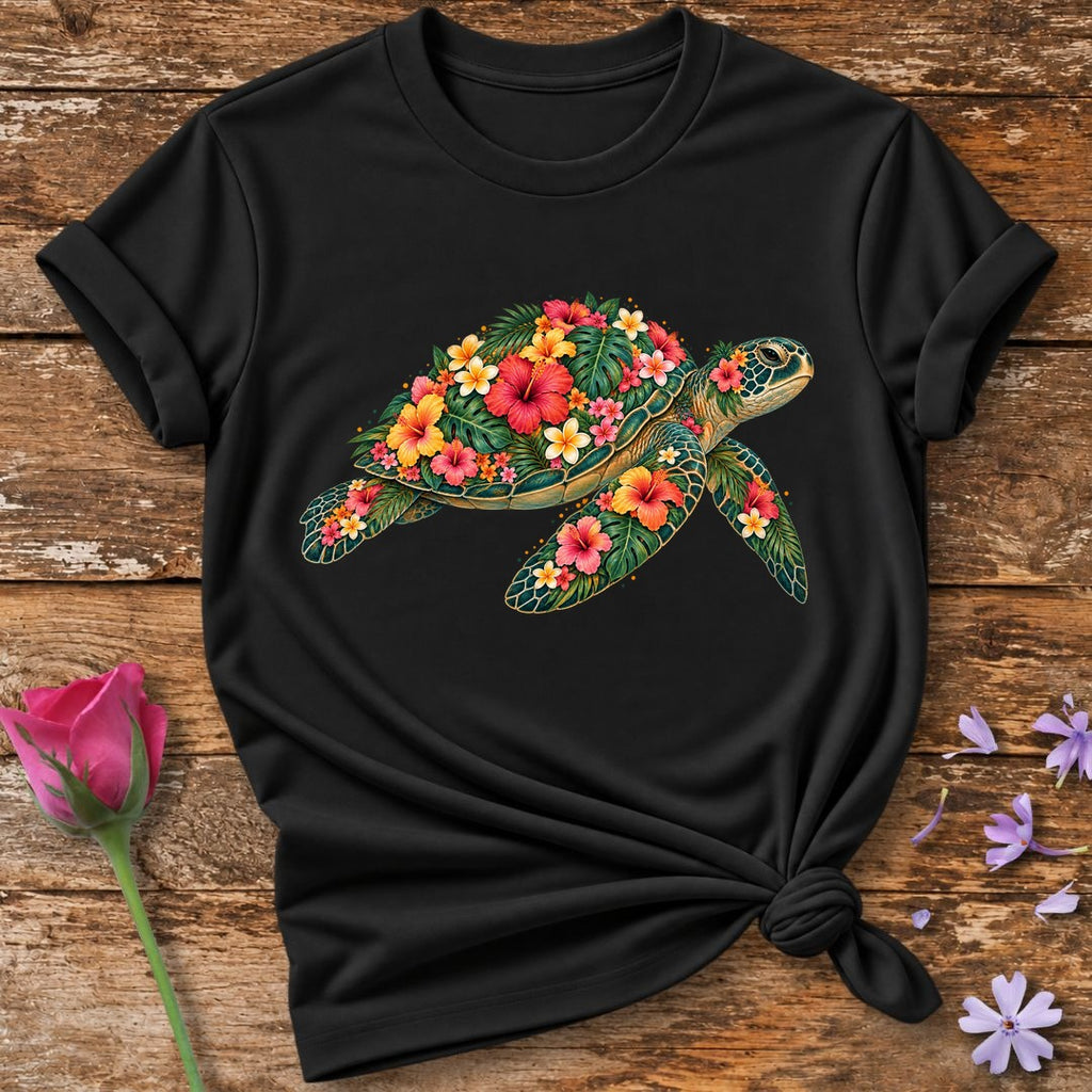 Turtle Made of Blooms — Tropical Floral Painterly T-Shirt for Women in Black