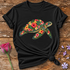 Turtle Made of Blooms — Tropical Floral Painterly T-Shirt for Women in Black