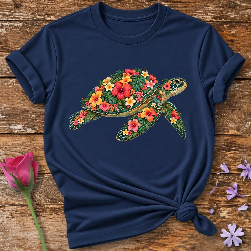 Turtle Made of Blooms — Tropical Floral Painterly T-Shirt for Women in Navy
