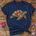 Turtle Made of Blooms — Tropical Floral Painterly T-Shirt for Women in Navy
