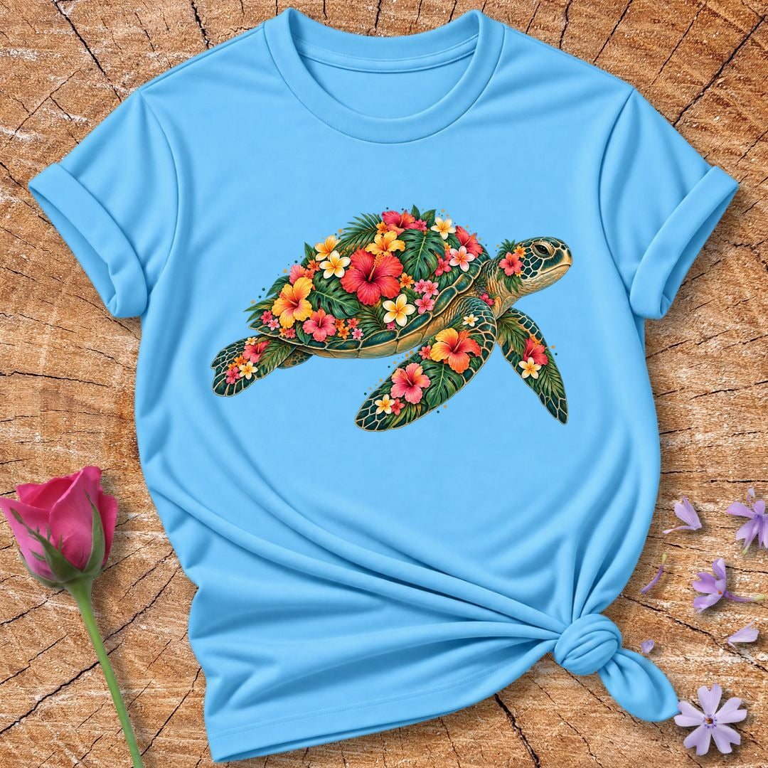 Turtle Made of Blooms — Tropical Floral Painterly T-Shirt for Women in Sky