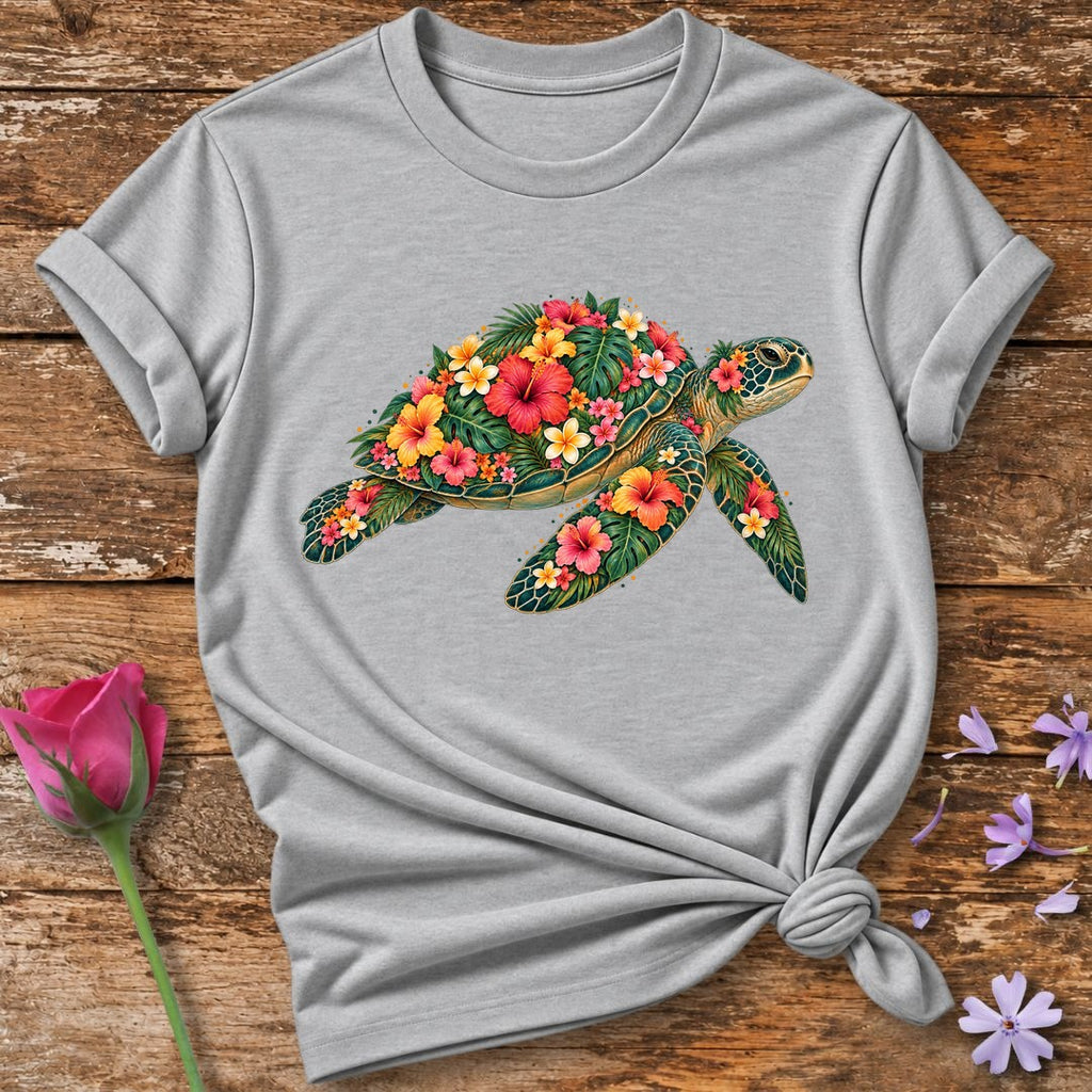 Turtle Made of Blooms — Tropical Floral Painterly T-Shirt for Women in Sport Grey