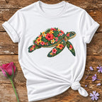 Turtle Made of Blooms — Tropical Floral Painterly T-Shirt for Women in White