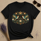 Two Hummingbirds in the Garden — Botanical Floral Wreath T-Shirt for Women in Black
