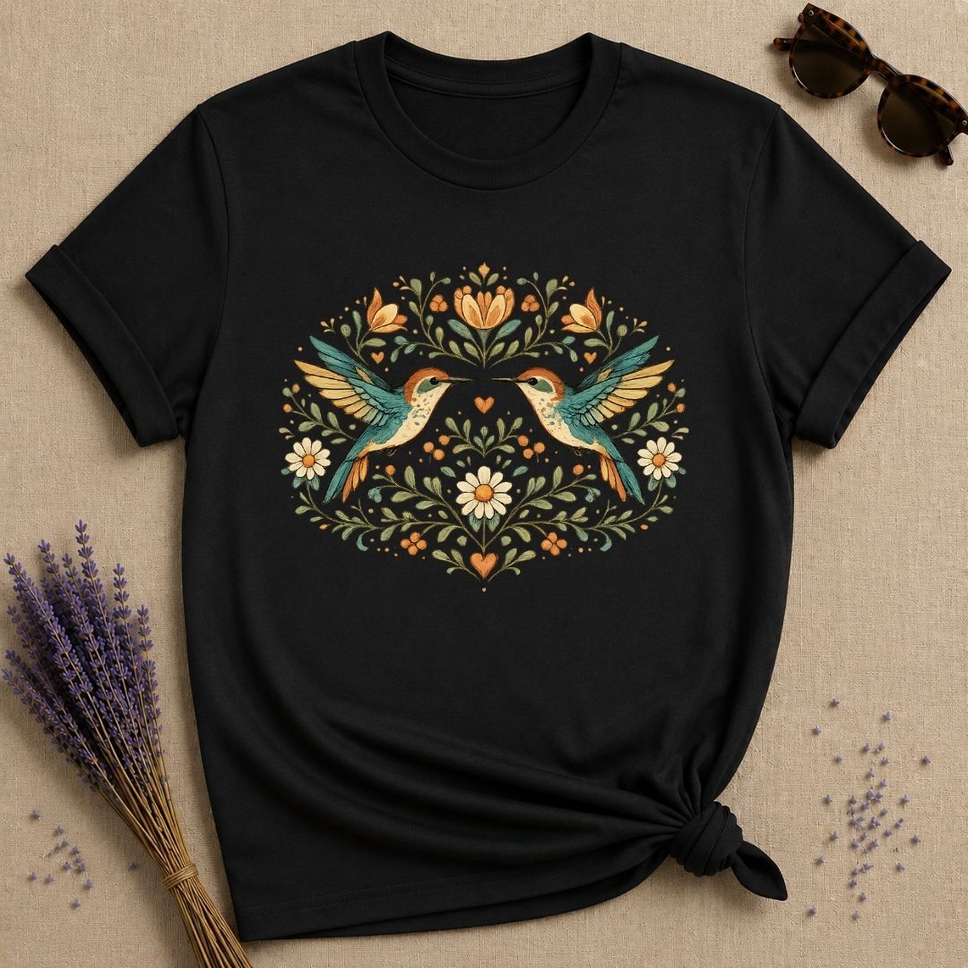Two Hummingbirds in the Garden — Botanical Floral Wreath T-Shirt for Women in Black