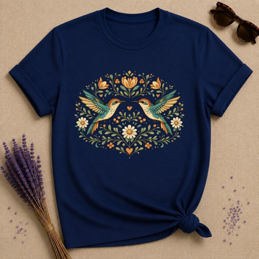 Two Hummingbirds in the Garden — Botanical Floral Wreath T-Shirt for Women in Navy
