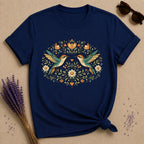 Two Hummingbirds in the Garden — Botanical Floral Wreath T-Shirt for Women in Navy