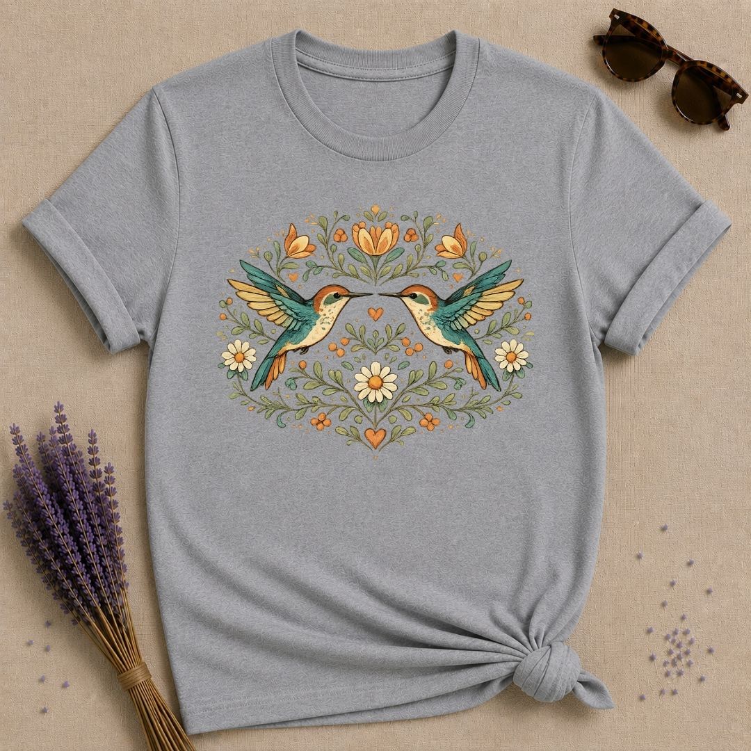 Two Hummingbirds in the Garden — Botanical Floral Wreath T-Shirt for Women in Sport Grey