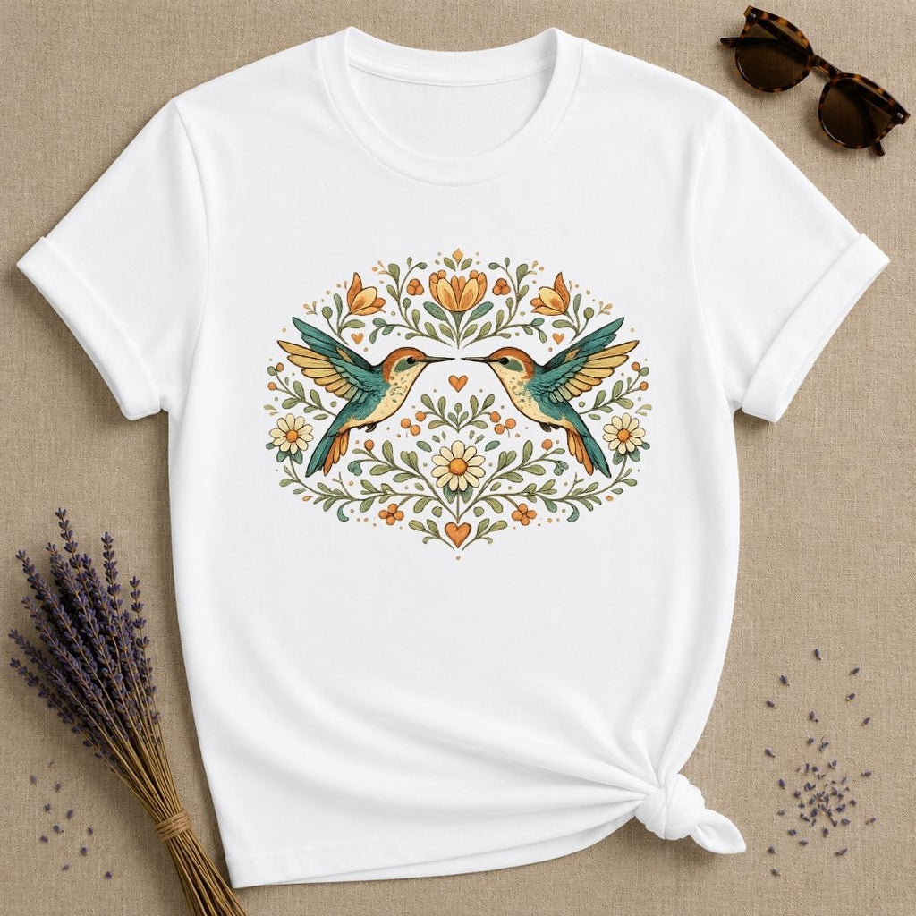 Two Hummingbirds in the Garden — Botanical Floral Wreath T-Shirt for Women in White