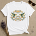 Two Hummingbirds in the Garden — Botanical Floral Wreath T-Shirt for Women in White