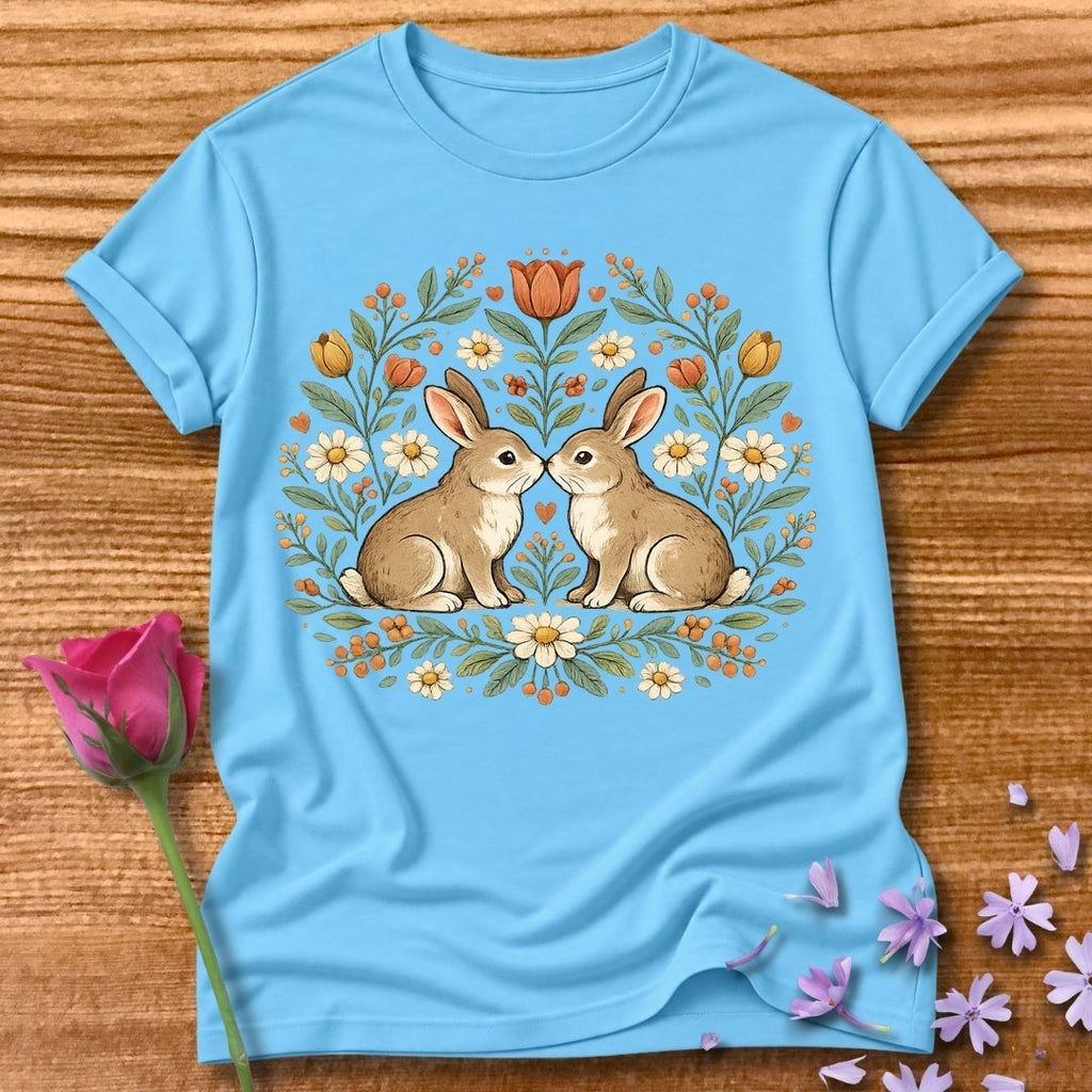 Two Rabbits in the Garden — Botanical Floral Wreath Graphic in Sky