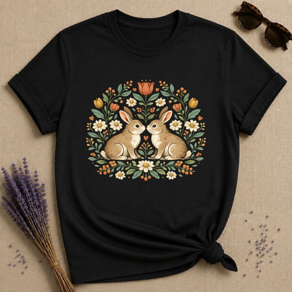 Two Rabbits in the Garden — Botanical Floral Wreath Graphic T-Shirt for Women in Black