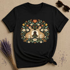 Two Rabbits in the Garden — Botanical Floral Wreath Graphic T-Shirt for Women in Black