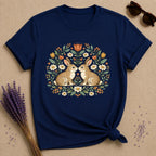 Two Rabbits in the Garden — Botanical Floral Wreath Graphic T-Shirt for Women in Navy