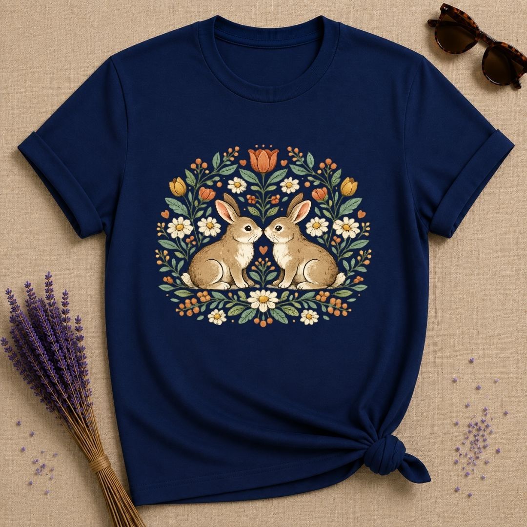 Two Rabbits in the Garden — Botanical Floral Wreath Graphic T-Shirt for Women in Navy