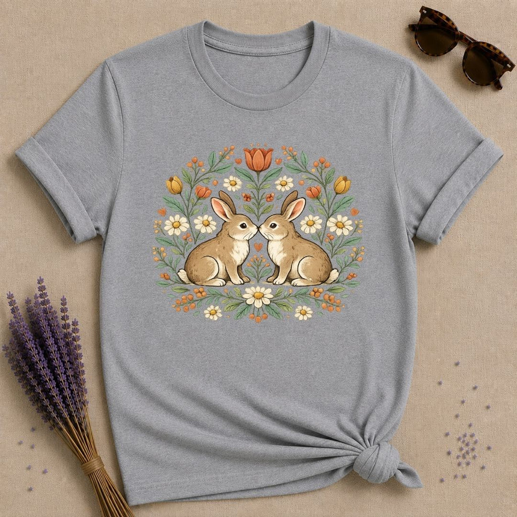 Two Rabbits in the Garden — Botanical Floral Wreath Graphic T-Shirt for Women in Sport Grey