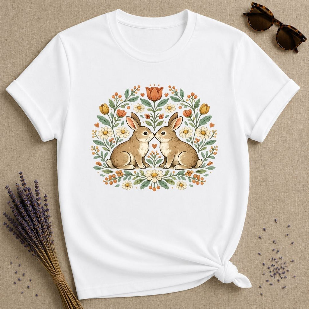 Two Rabbits in the Garden — Botanical Floral Wreath Graphic T-Shirt for Women in White