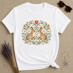 Two Rabbits in the Garden — Botanical Floral Wreath Graphic T-Shirt for Women in White