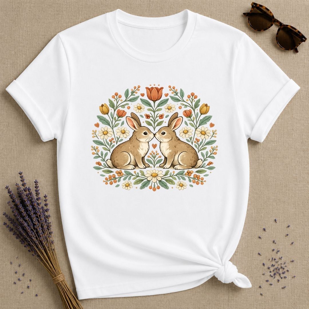 Two Rabbits in the Garden — Botanical Floral Wreath Graphic T-Shirt for Women in White