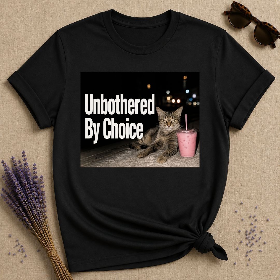 Unbothered By Choice — Photorealistic Cat Night Graphic T-Shirt for Women in Black