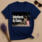 Unbothered By Choice — Photorealistic Cat Night Graphic T-Shirt for Women in Navy