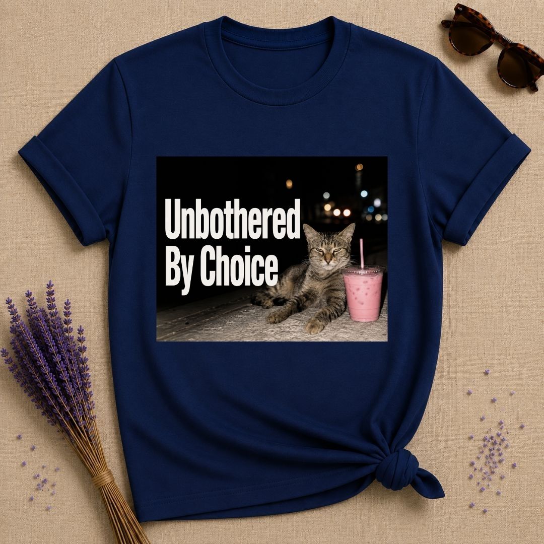 Unbothered By Choice — Photorealistic Cat Night Graphic T-Shirt for Women in Navy