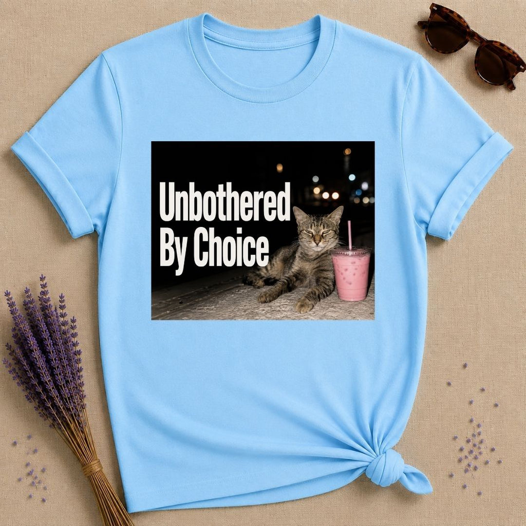 Unbothered By Choice — Photorealistic Cat Night Graphic T-Shirt for Women in Sky