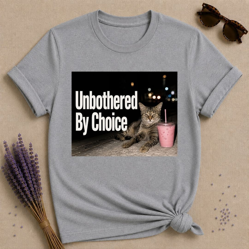 Unbothered By Choice — Photorealistic Cat Night Graphic T-Shirt for Women in Sport Grey