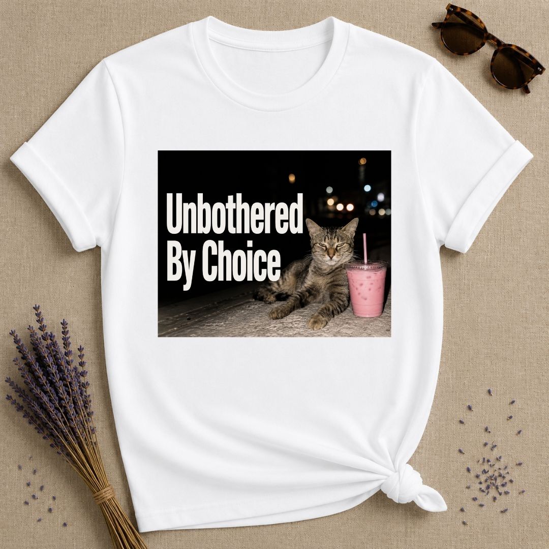 Unbothered By Choice — Photorealistic Cat Night Graphic T-Shirt for Women in White