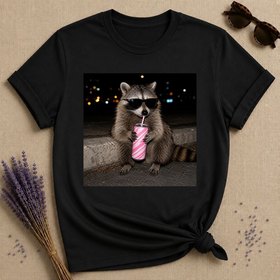 Unbothered By Choice — Photorealistic Raccoon Night Graphic T-Shirt for Women in Black