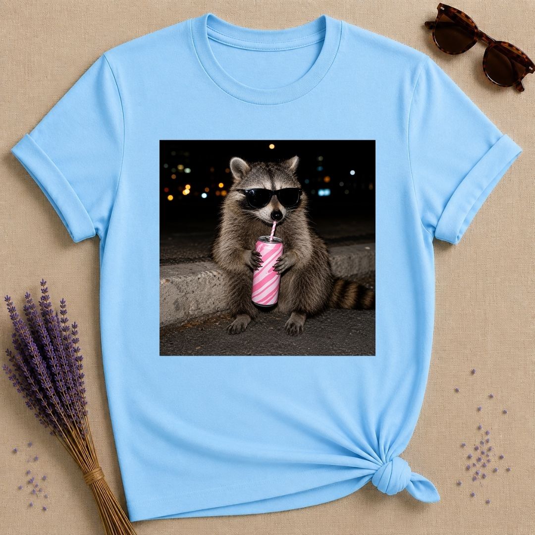Unbothered By Choice — Photorealistic Raccoon Night Graphic T-Shirt for Women in Sky