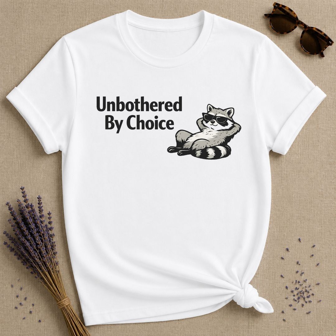 Unbothered By Choice — Vintage Raccoon Sticker Graphic T-Shirt for Women in White