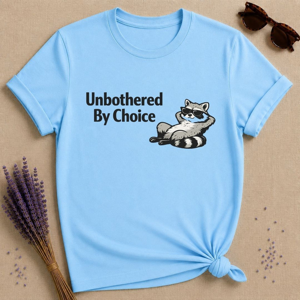 Unbothered By Choice — Vintage Raccoon Sticker Graphic T-Shirt for Women in Sky