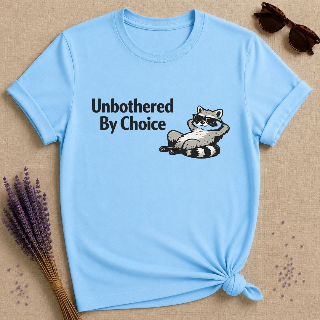 Unbothered By Choice — Vintage Raccoon Sticker Graphic T-Shirt for Women in Sky