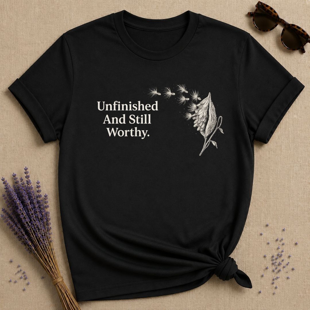 Unfinished and Still Worthy — Milkweed Botanical T-Shirt for Women in Black