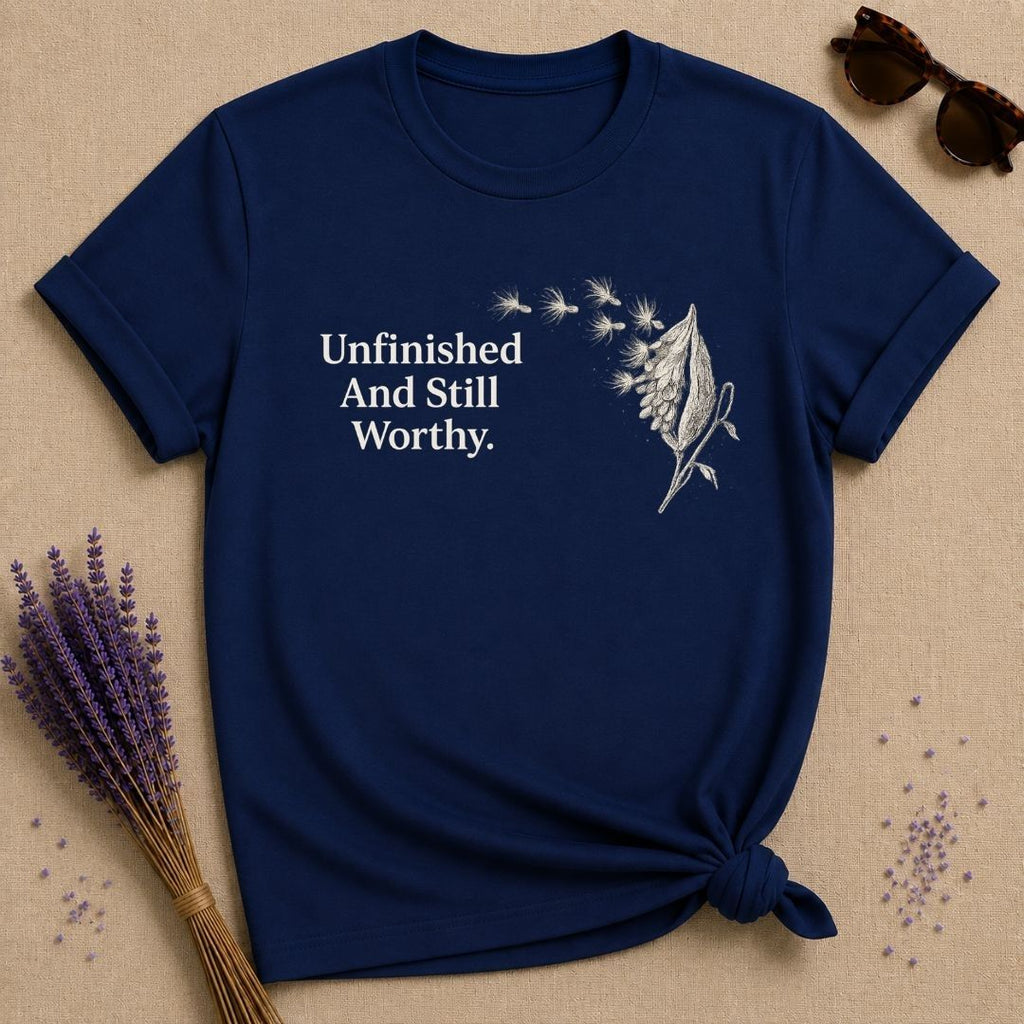 Unfinished and Still Worthy — Milkweed Botanical T-Shirt for Women in Navy