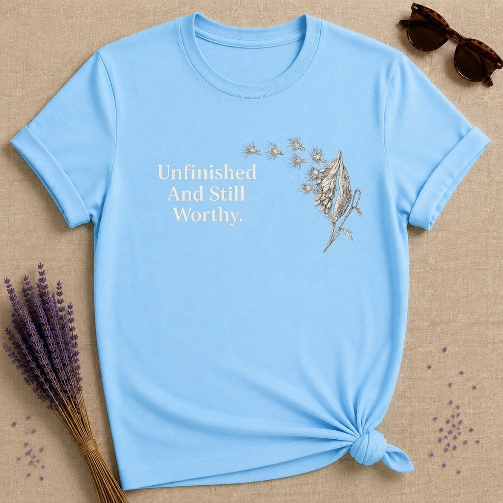 Unfinished and Still Worthy — Milkweed Botanical T-Shirt for Women in Sky