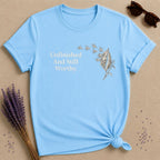 Unfinished and Still Worthy — Milkweed Botanical T-Shirt for Women in Sky