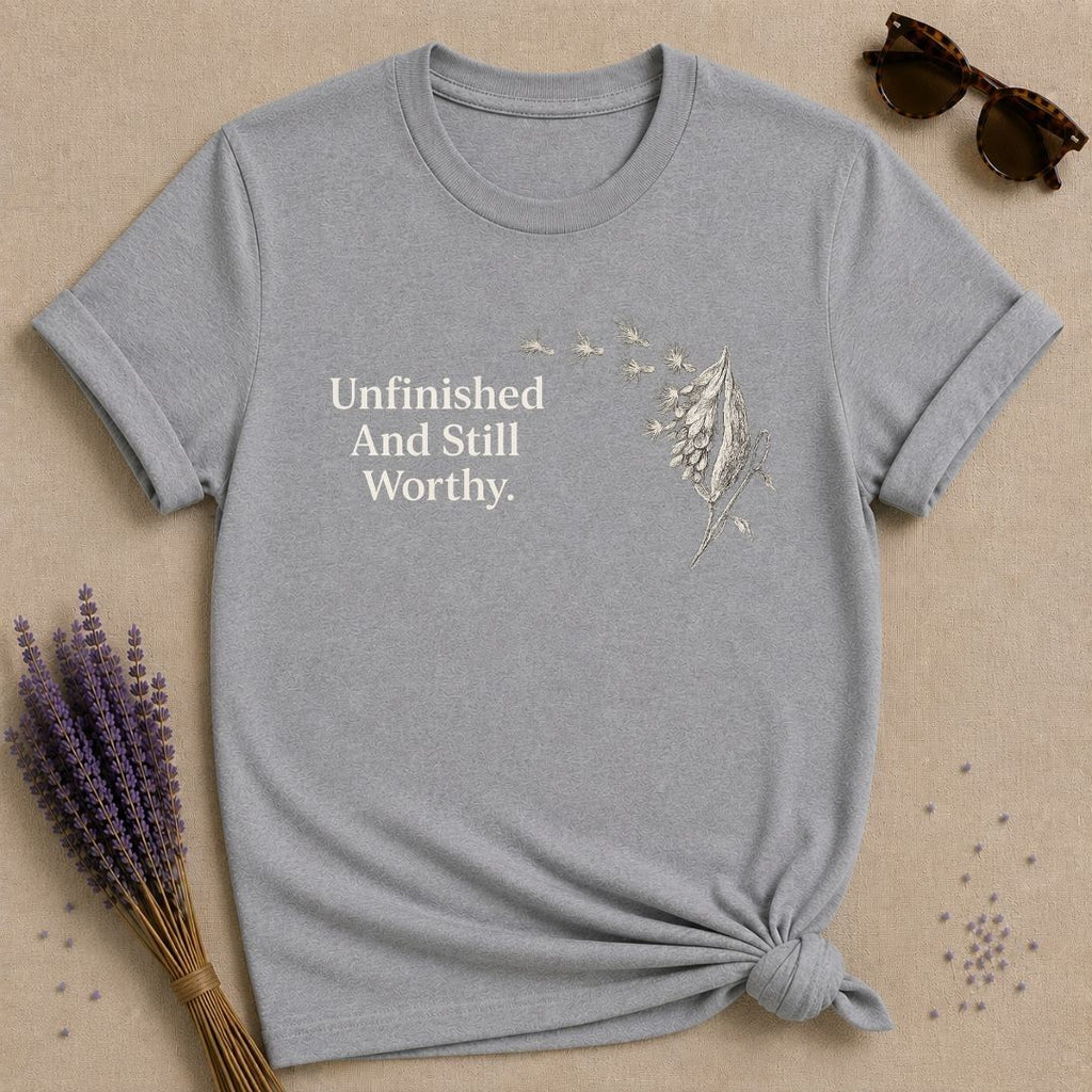 Unfinished and Still Worthy — Milkweed Botanical T-Shirt for Women in Sport Grey
